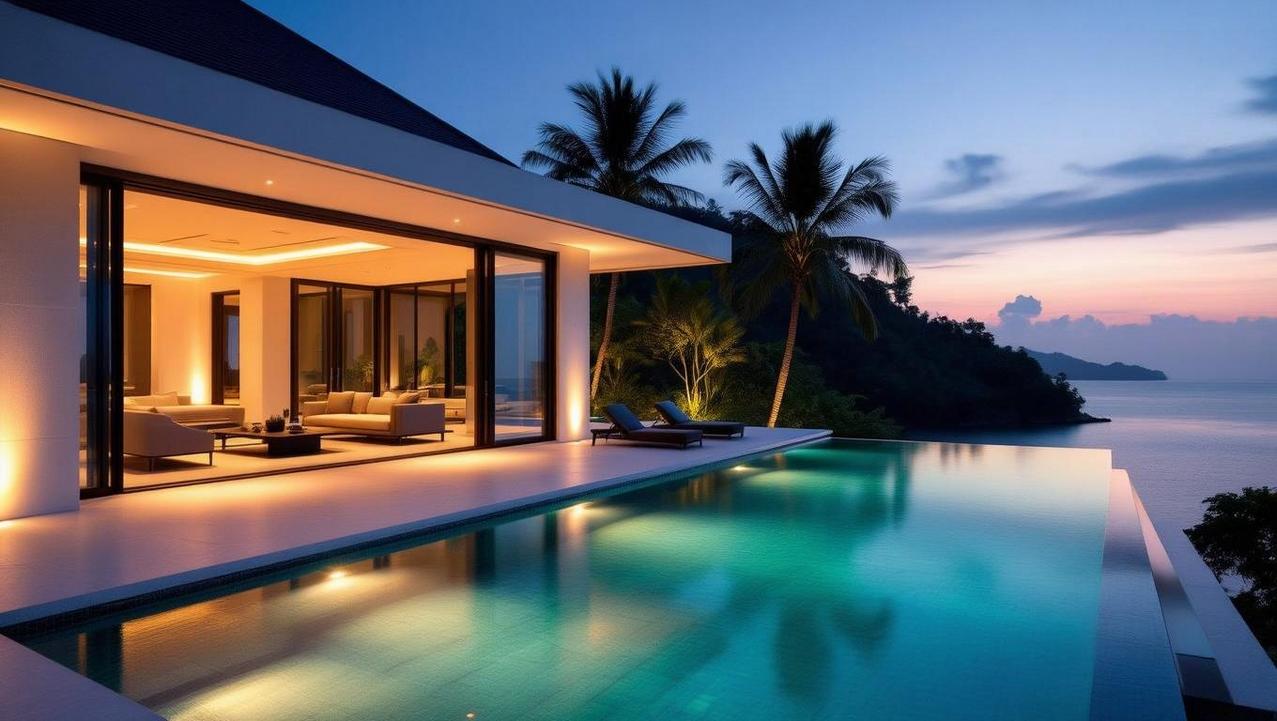 Private Luxury Villa as a Strategic Retreat A stunning, modern luxury villa with an infinity pool overlooking the sea at dusk, representing a private and strategic base in Thailand.