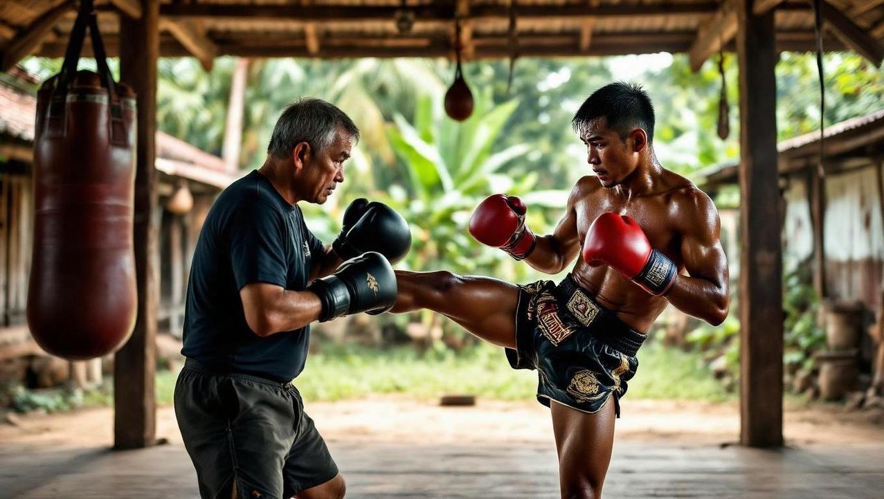 Muay Thai fighters in a rural gym, with one delivering a high kick and showcasing an extreme private rock climbing adventure for the fitness enthusiast in Railay.