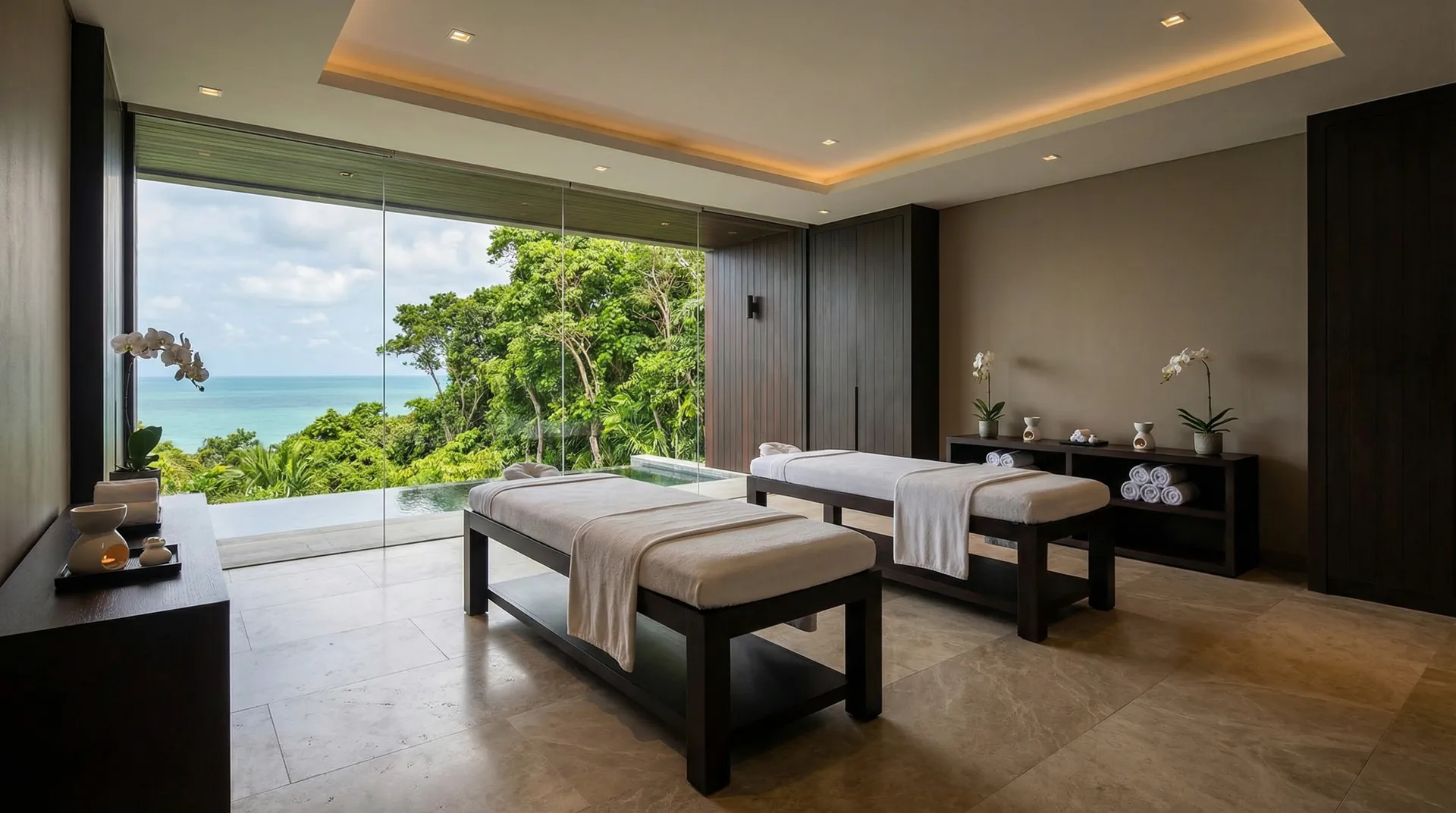 Private Spa Suite in an Ultra-Luxury Villa An interior view of a serene private spa suite within an ultra-luxury Thai villa, with massage beds overlooking a lush jungle and ocean view, representing a top-tier amenity.