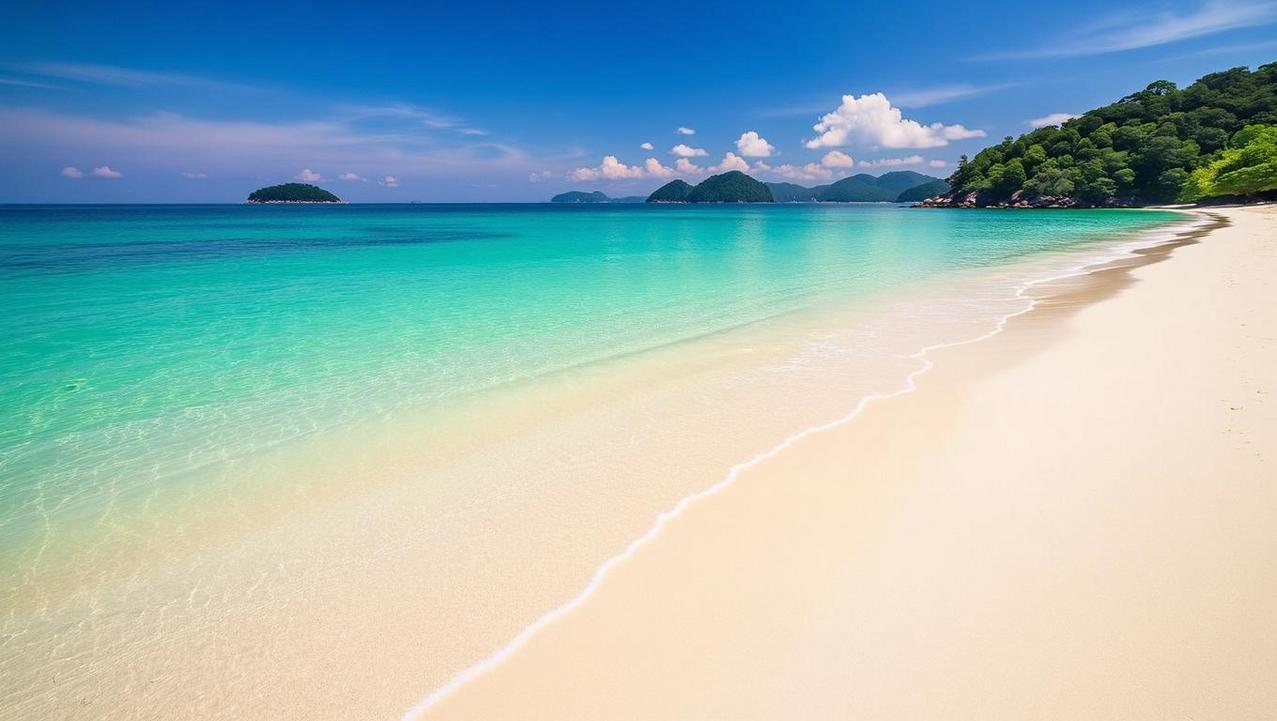 The Quiet Perfection of Surin Beach A view of the pristine and quiet Surin Beach in Phuket, showing fine white sand and calm, turquoise water, illustrating the luxury of solitude.