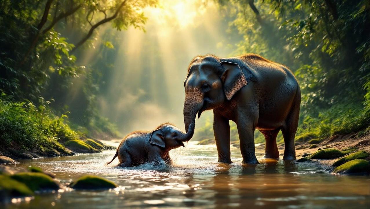 A heartwarming scene of a mother elephant and her calf playing in a sun-dappled river, symbolizing the respectful observation of an ethical elephant sanctuary experience.