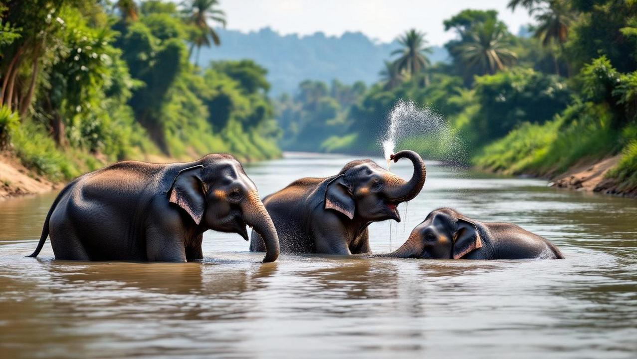 Respectful Observation of Natural Elephant Bathing Elephants bathing and playing naturally in a river without tourists, illustrating the observation-only model of an ethical sanctuary.