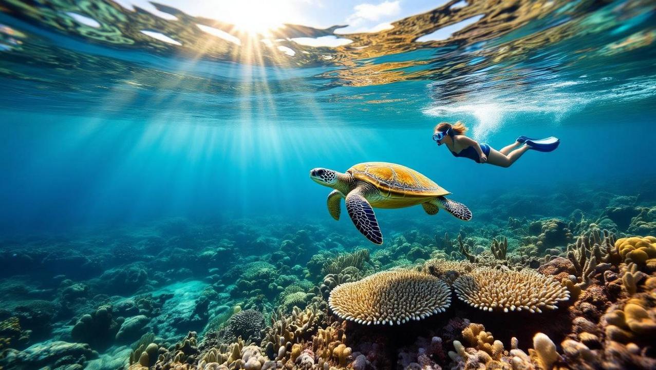 Responsible Snorkeling in the Similan Islands An underwater shot of a snorkeler responsibly observing a sea turtle from a distance in the clear waters of the Similan Islands, highlighting marine conservation.