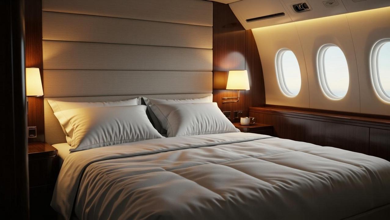 Restful Private Stateroom in a Heavy Jet Luxurious private stateroom in a heavy jet with a full bed, showcasing the ultimate comfort for reducing jet lag on long-haul flights to Thailand.
