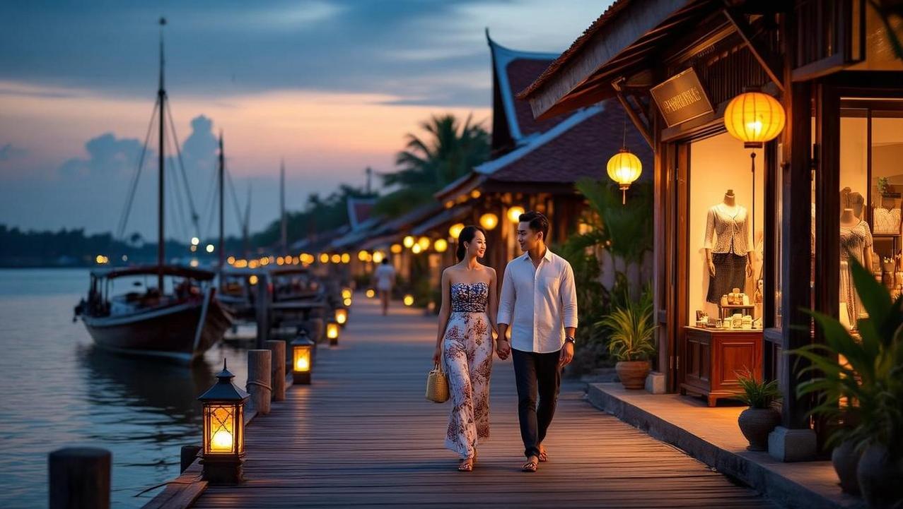 A smiling couple walks hand-in-hand along a lit wooden pier at dusk, enjoying the romantic cultural charm of Bophut's Fisherman's Village with traditional shops and boats flanking the boardwalk.