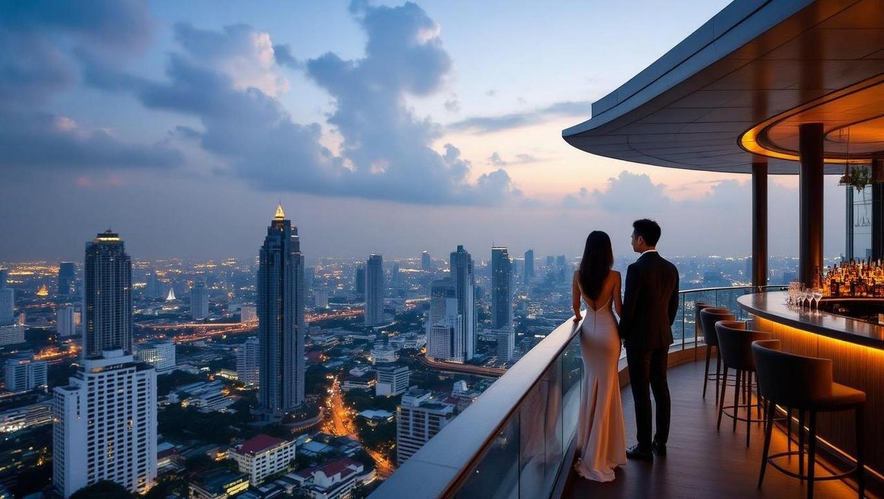 Romantic Rooftop Bar Suspended Above Bangkok A romantic couple on a uniquely designed rooftop bar in Bangkok that extends into the sky like the bow of a ship, offering 360-degree city views.