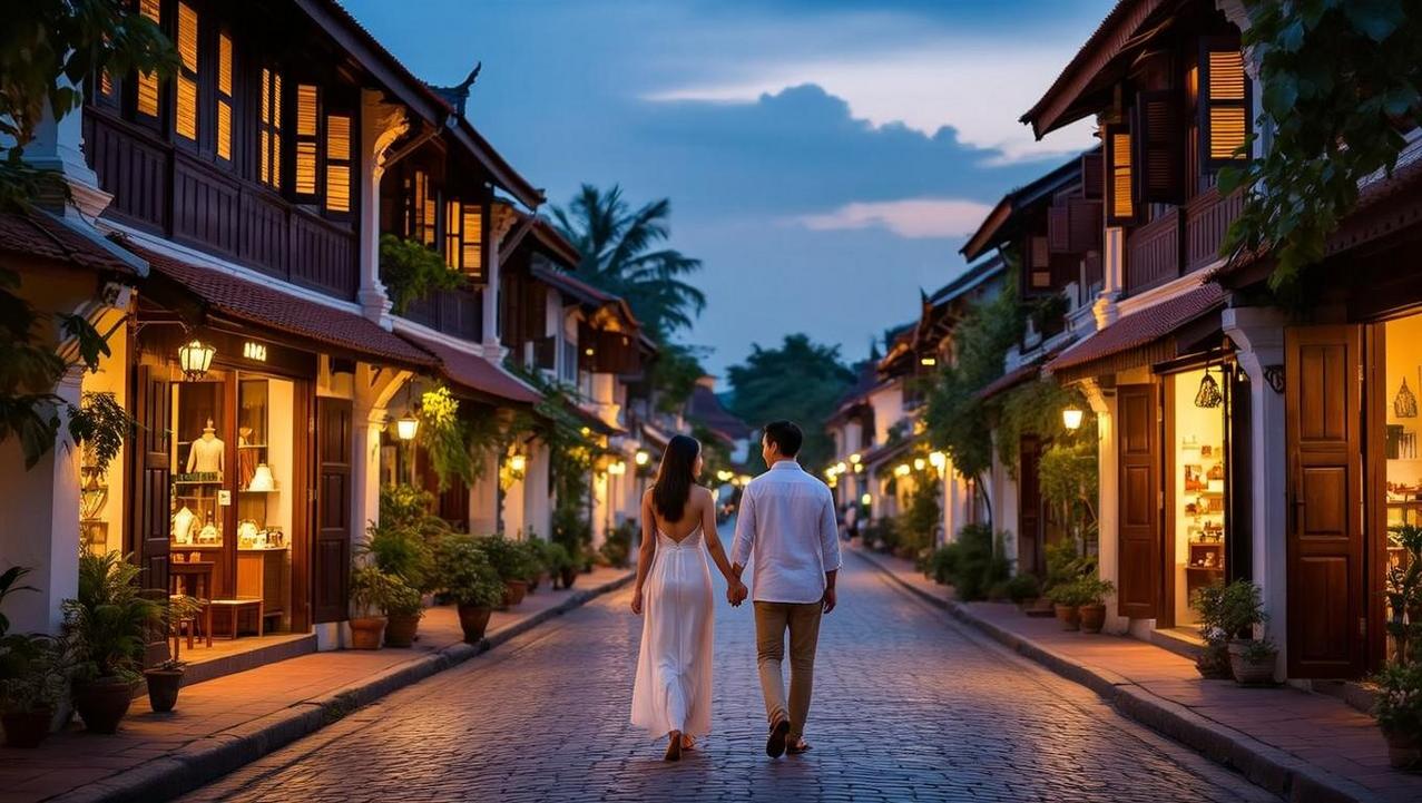 Romantic Stroll Through Bophut's Fisherman Village A couple enjoying a romantic evening walk on the cobblestone streets of Bophut's Fisherman's Village, surrounded by historic shophouses.