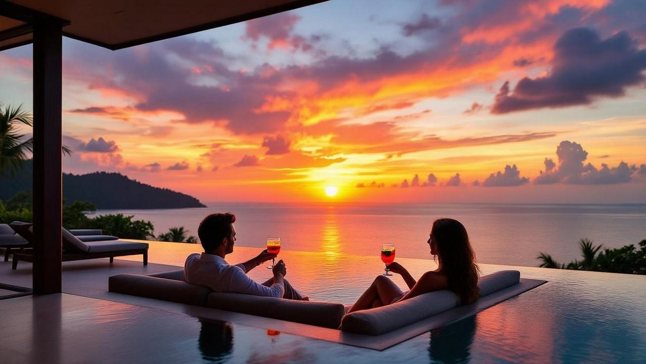 A couple watches a dramatic sunset over the ocean from the terrace of their private luxury villa on Lipa Noi, Koh Samui, embodying the romantic escape.