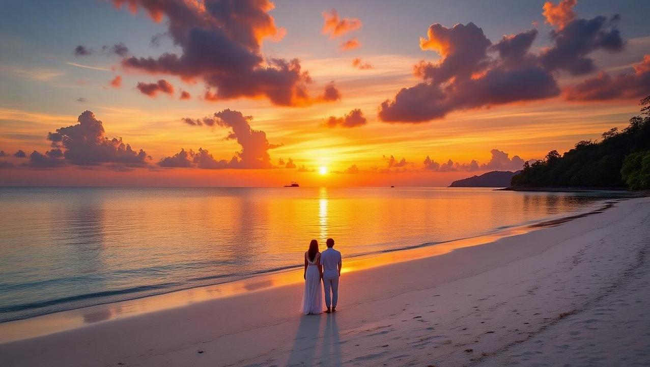 A couple watching a breathtaking sunset on the quiet and serene Lipa Noi beach in Koh Samui, with calm turquoise waters reflecting the golden sky.