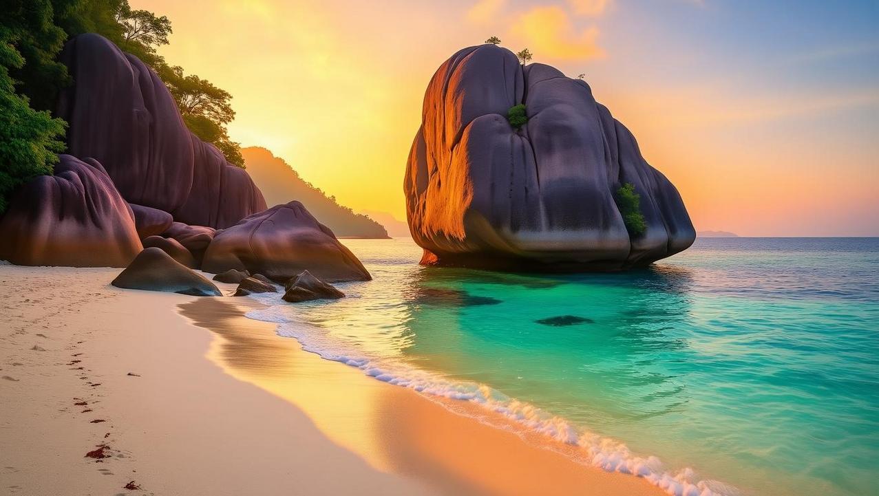 Sailing Rock at Golden Hour The iconic Sailing Rock viewpoint in the Similan Islands during a quiet, golden sunset, free of tourist crowds.