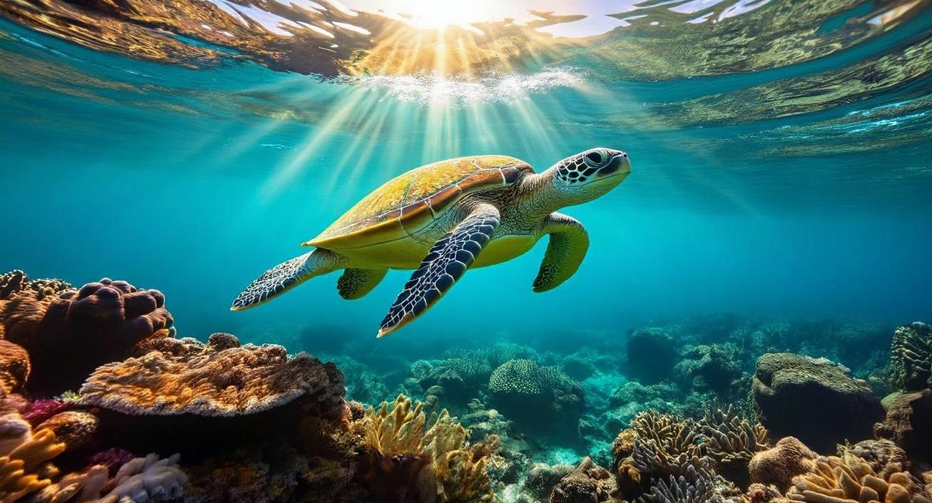 Sea Turtle Encounter in Similan Islands Experience an incredible sea-turtle-encounter-in-Similan Islands, where sunlight streams through the clear water illuminating a vibrant coral reef and a gracefully swimming sea turtle.