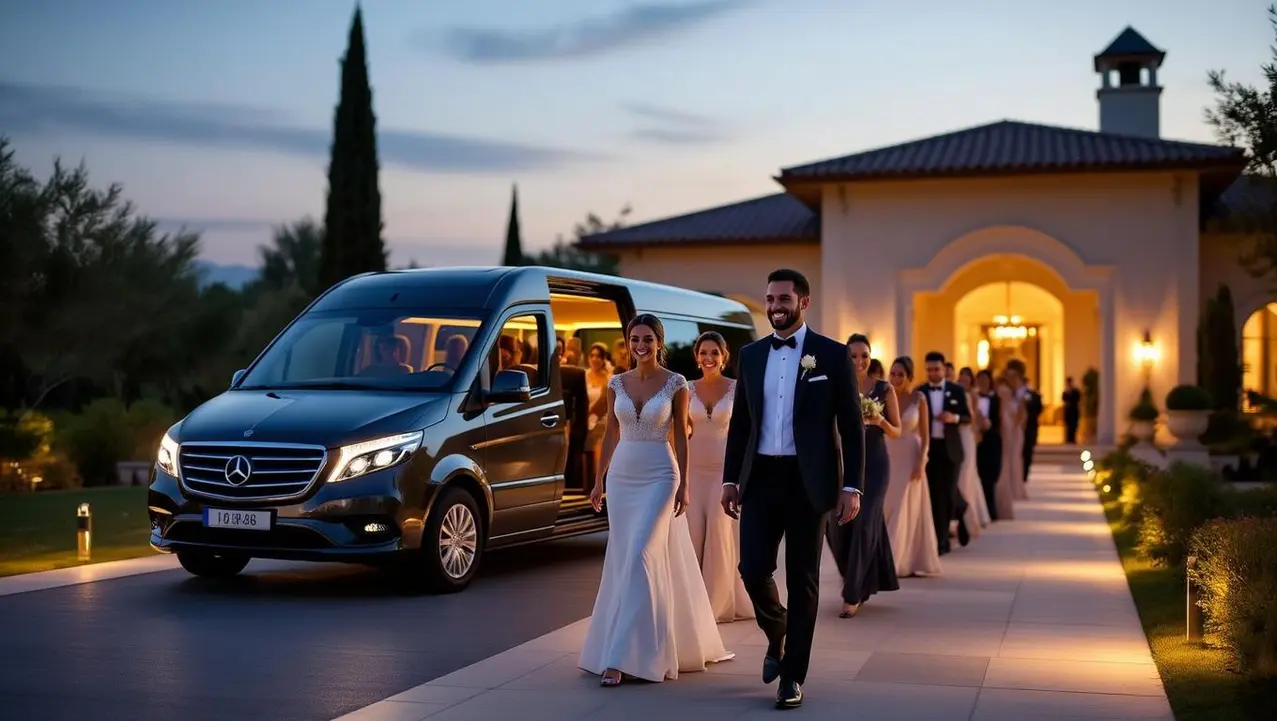 Seamless Guest Coordination for a Luxury Wedding A smiling couple leads guests from a luxurious black van towards a grand venue, illustrating seamless guest coordination for a luxury wedding.