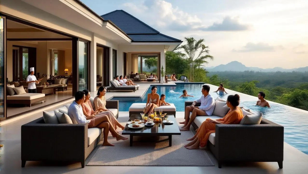Seamless Indoor-Outdoor Living in a Private Villa A group of people relaxing by the expansive pool of a private villa, enjoying seamless indoor-outdoor living with stunning mountain views.