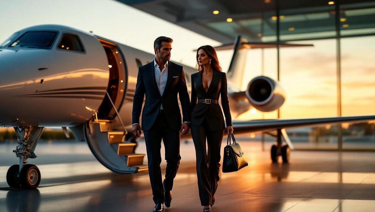Seamless Private Airport Terminal Experience A distinguished couple walks away from their private jet on the tarmac, embodying a seamless private airport terminal experience at sunset.