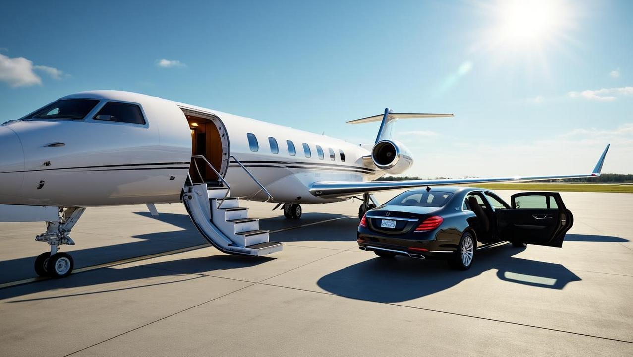 Seamless Tarmac to Cabin Luxury Service A luxury sedan waiting on the tarmac next to the stairs of a private jet, illustrating the seamless and private ground services of luxury travel.