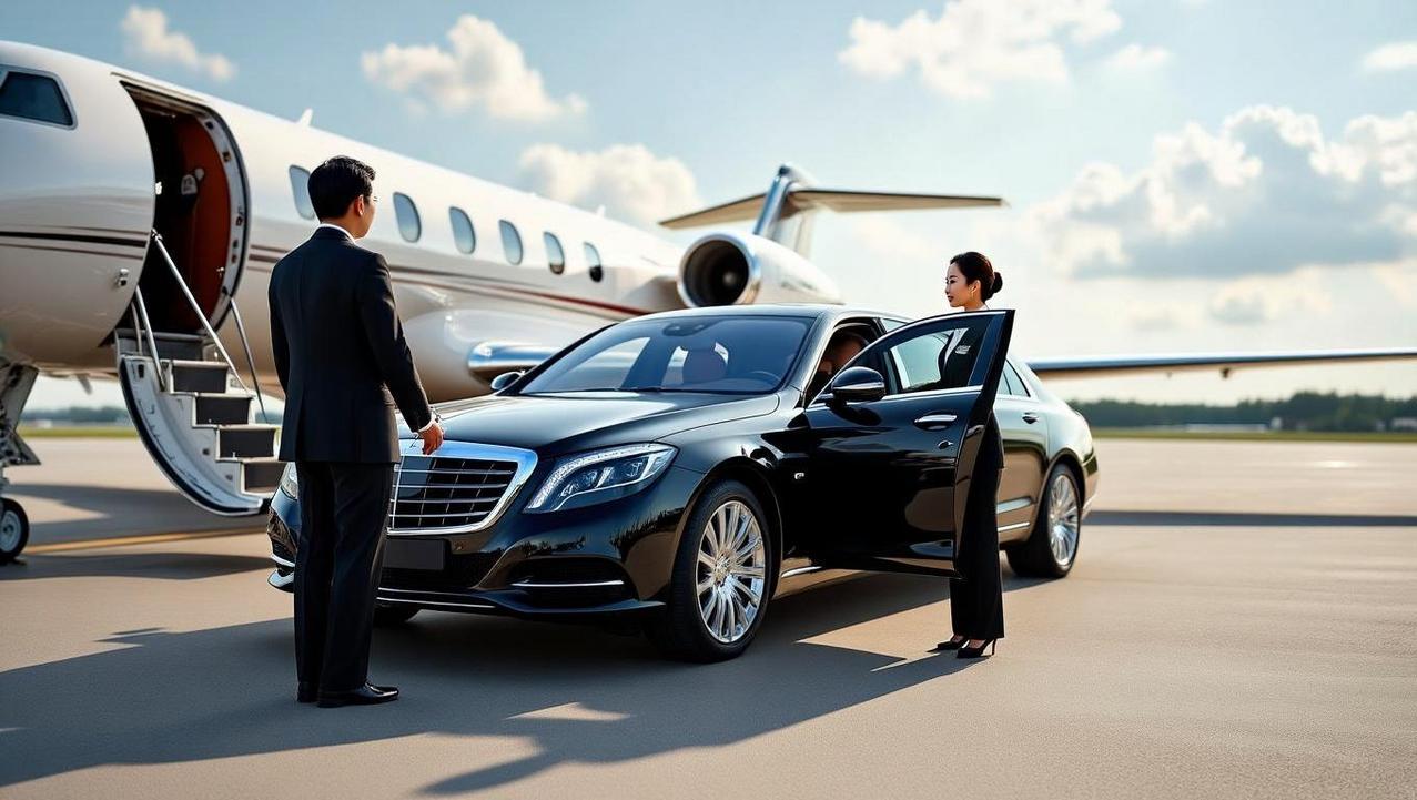 A chauffeur holding a door open for a luxury car parked on the tarmac next to a private jet, representing the seamless ground transportation handover for VIP travelers in Thailand.