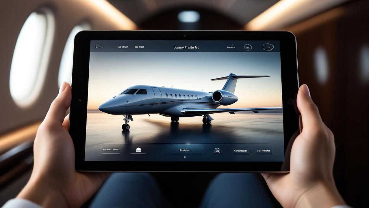 Searching for Empty Leg Flights to Thailand A person inside a private jet browses on a tablet showing a luxury private jet on screen, perfect for searching for empty-leg flights to Thailand.