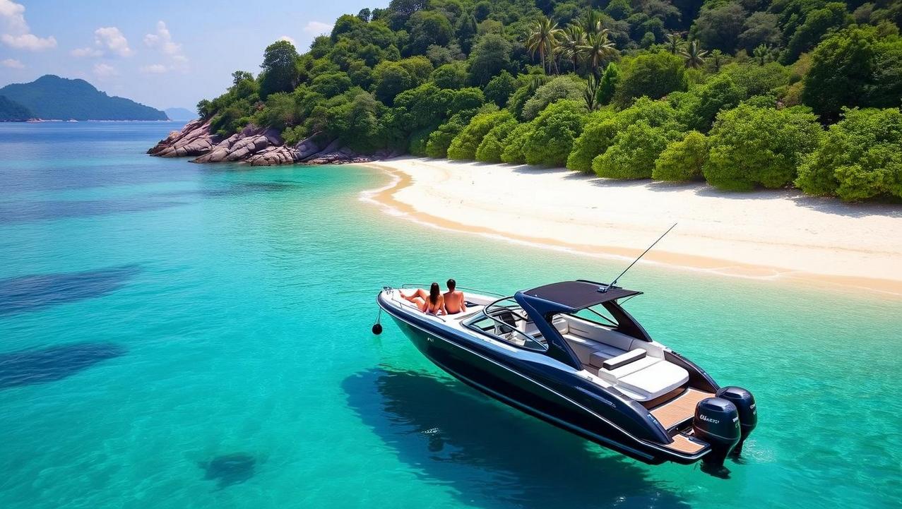 Secluded Paradise in the Similan Islands A private speedboat anchored in a deserted, tranquil bay in the Similan Islands, showing the freedom of a custom charter.