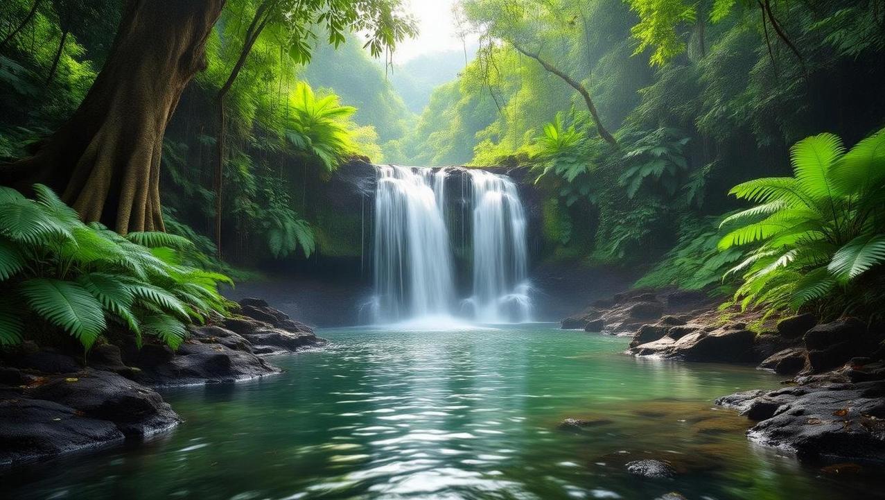 A serene waterfall cascades into a clear pool, surrounded by the lush green jungle of Khao Phra Thaeo National Park in Phuket.