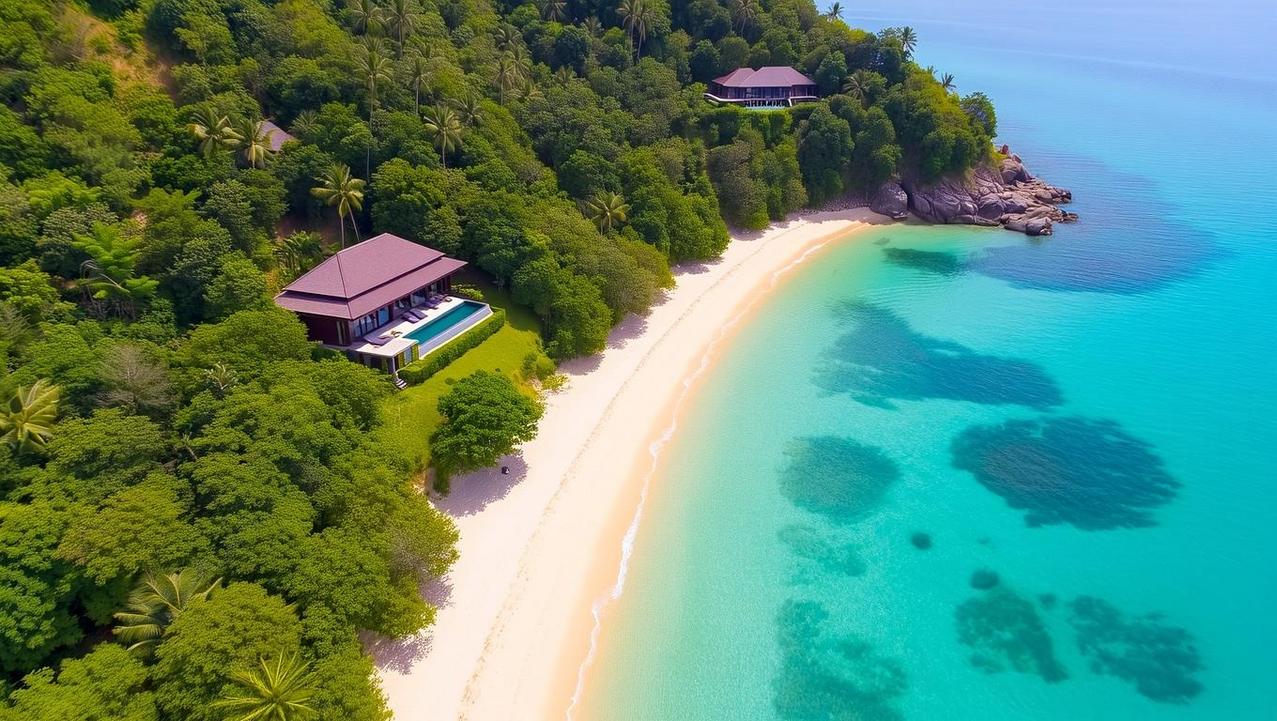 Securing Seclusion on Koh Samui's Serene Coast An aerial ultra-realistic photo showing a secluded luxury villa on Koh Samui's south coast, highlighting the privacy and tranquility needed for a digital detox retreat.