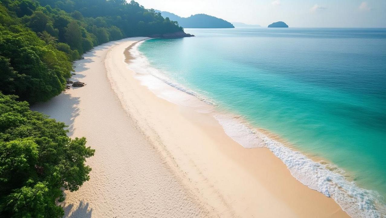 An ultra-realistic photograph of the quiet and pristine Surin beach in Phuket, showcasing its powder-white sand and calm turquoise waters, representing quiet luxury.