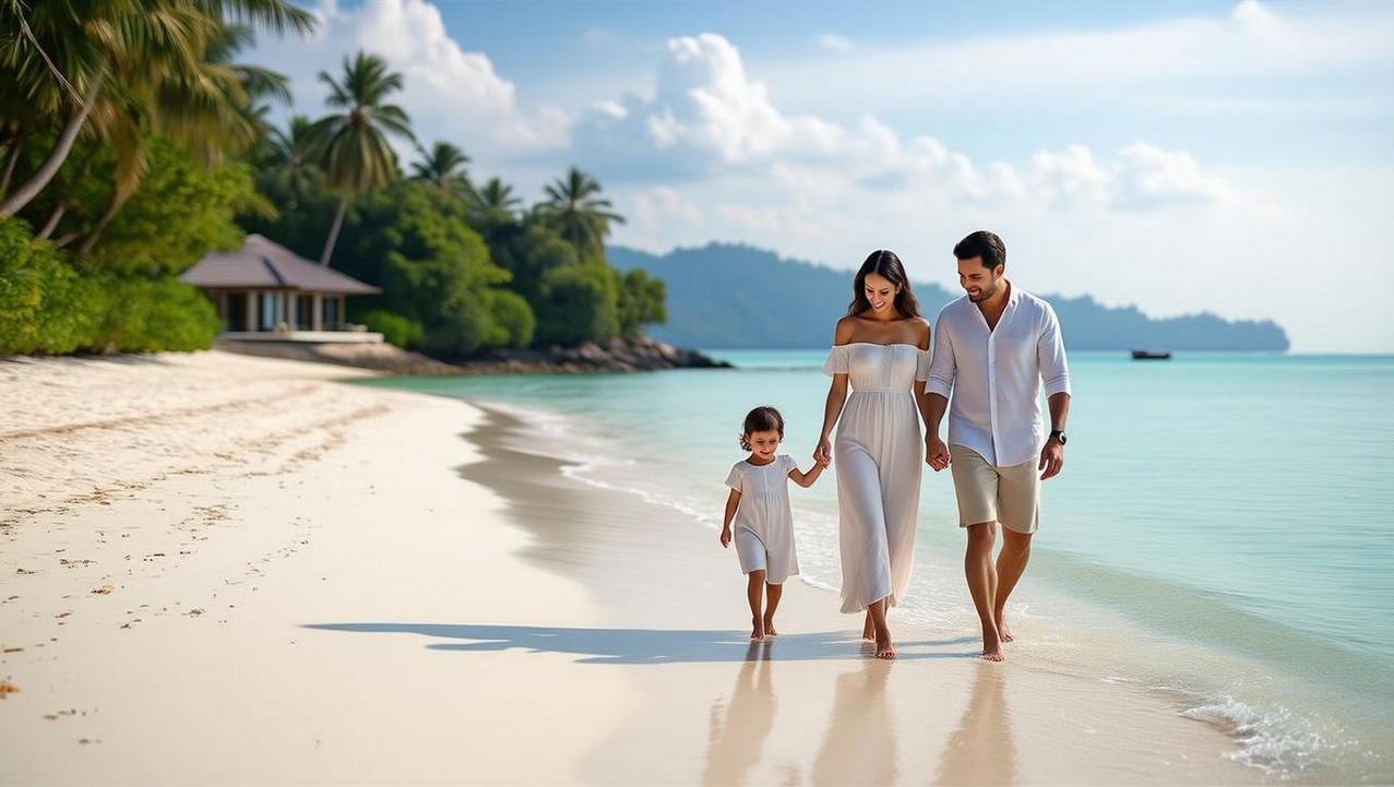A family with a young child enjoys a peaceful walk on the calm, shallow shores of Choeng Mon beach, perfect for a tranquil family villa holiday in Koh Samui.