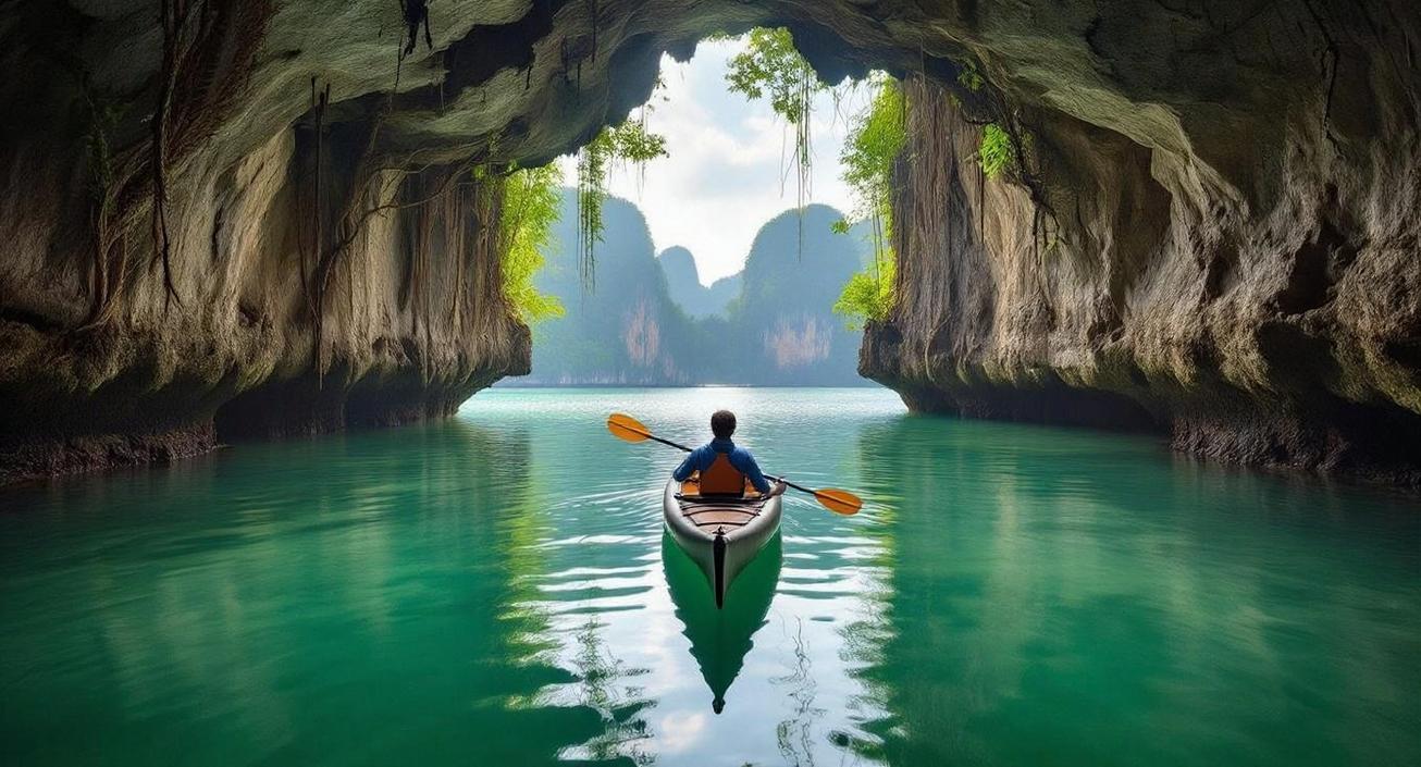 A solo kayaker paddling through the tranquil, clear waters of a private Hong Lagoon, enveloped by ancient rock caves with lush hanging vines, offering serene solitude and striking natural beauty.