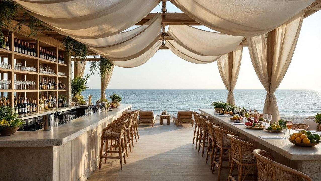 A Serene Wellness Sanctuary Experience in Koh Samui A serene wellness sanctuary experience awaits at this luxurious beachside bar in Koh Samui, featuring elegant drapery, an extensive drink selection, and stunning ocean views.