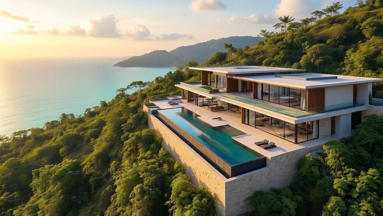 Experience the serenity of a hillside haven villa, a luxurious modern home nestled among lush green trees with an infinity pool overlooking the vast ocean at sunset.