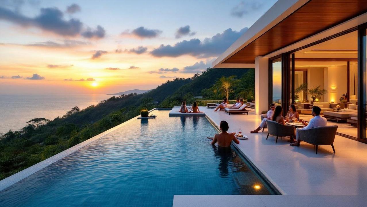 Guests enjoy a sophisticated balance of relaxation and socializing at a luxurious Koh Samui villa with a stunning infinity pool overlooking a sunset.