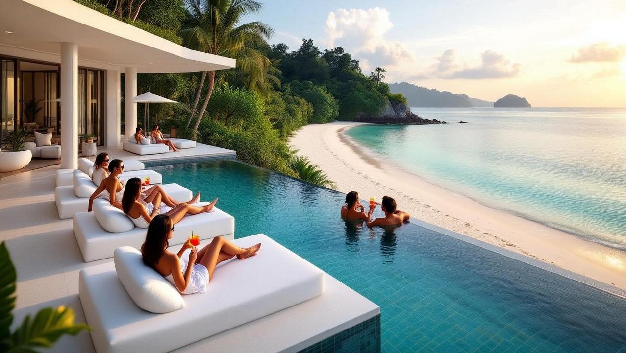 A sophisticated beachfront villa in Chaweng Noi features an infinity pool where guests relax and enjoy drinks, overlooking a pristine white sand beach and the ocean at sunset.