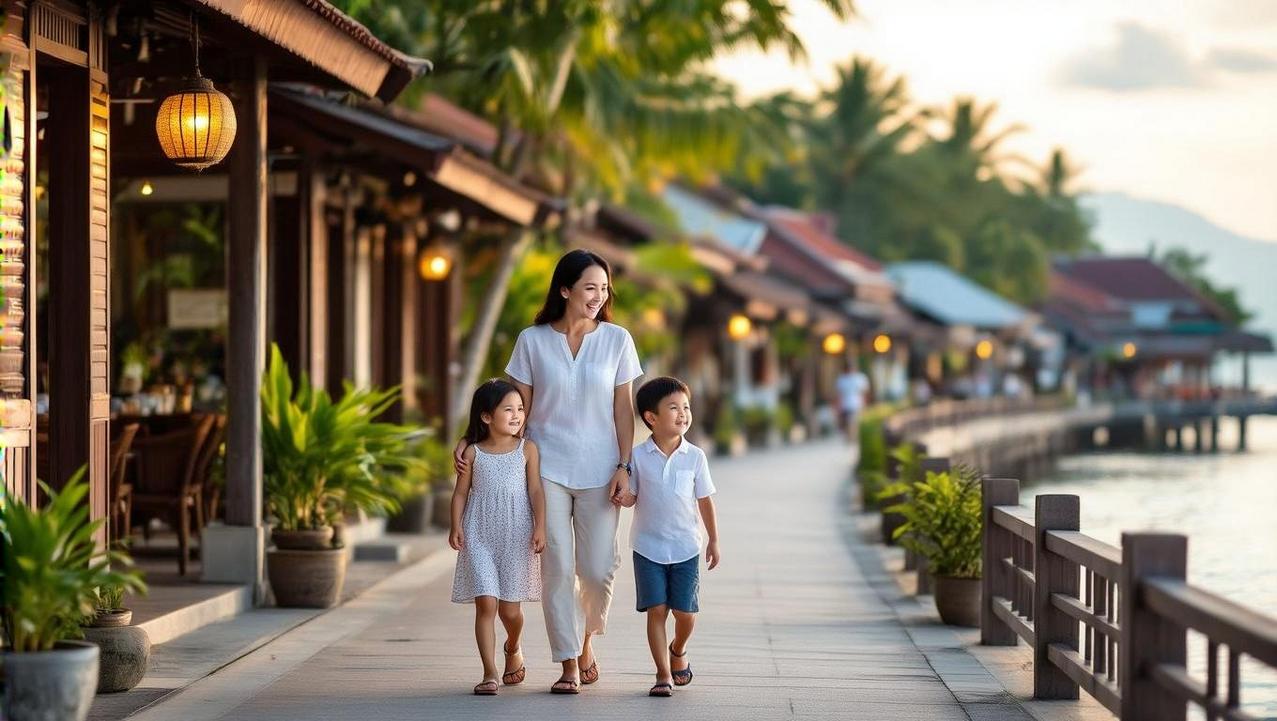 Sophisticated Family Charm on Samui's North Coast A family enjoys a walk through the charming and elegant Fisherman's Village in Bophut, illustrating the north coast's blend of cultural charm and tranquility.