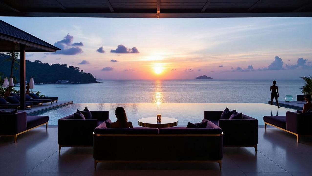 Sophisticated Twilight at a Phuket Beach Club Enjoy a sophisticated twilight at a Phuket beach club, with lavish outdoor seating overlooking a stunning ocean sunset and an infinity pool.