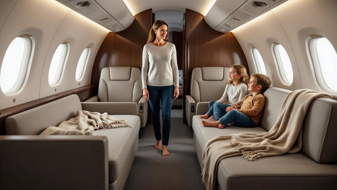 Spacious Midsize Jet for Family Adventures The spacious, stand-up cabin of a midsize private jet, showing a comfortable divan perfect for family travel to Thailand.
