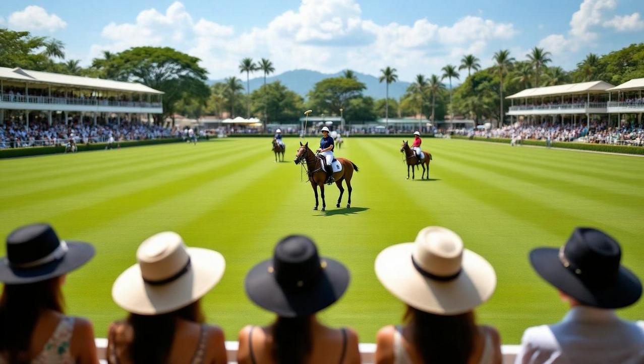 Spectating a Premier Thai Polo Match in Style Well-dressed spectators watch a polo match from an exclusive VIP lounge, showcasing the elegant fashion and atmosphere of Thai polo events.