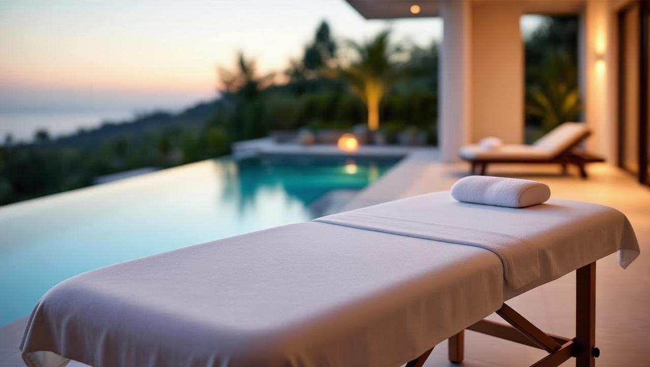 A prepared massage table on a terrace next to a private pool, symbolizing a seamless and stress-free transition in a villa spa setting.