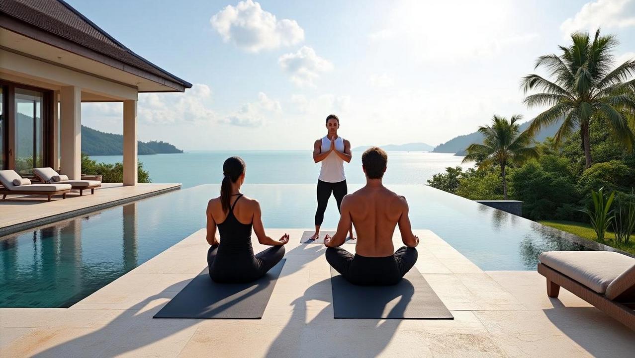 The Structured Sanctuary of a Wellness Resort A tranquil outdoor yoga session at a structured sanctuary of a wellness resort, with a professional instructor leading a couple by an infinity pool overlooking a stunning ocean and island view.
