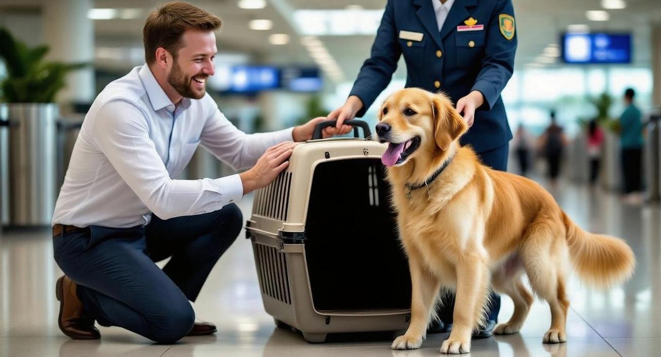 A man smiling at his happy golden retriever, who has just had a successful airport arrival and is out of its pet carrier in Thailand, with an airport official nearby.