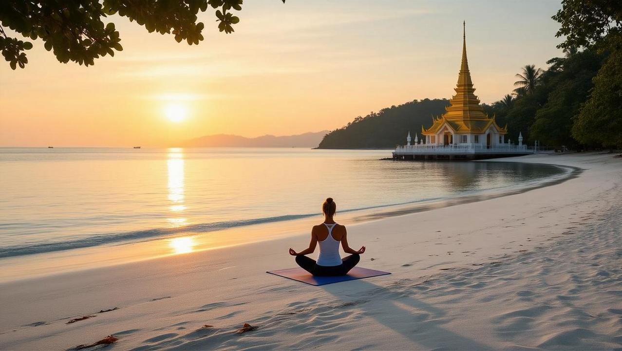 A person practicing yoga on a secluded southern beach in Koh Samui at sunrise, with the golden Laem Sor Pagoda in the distance, embodying wellness and tranquility.