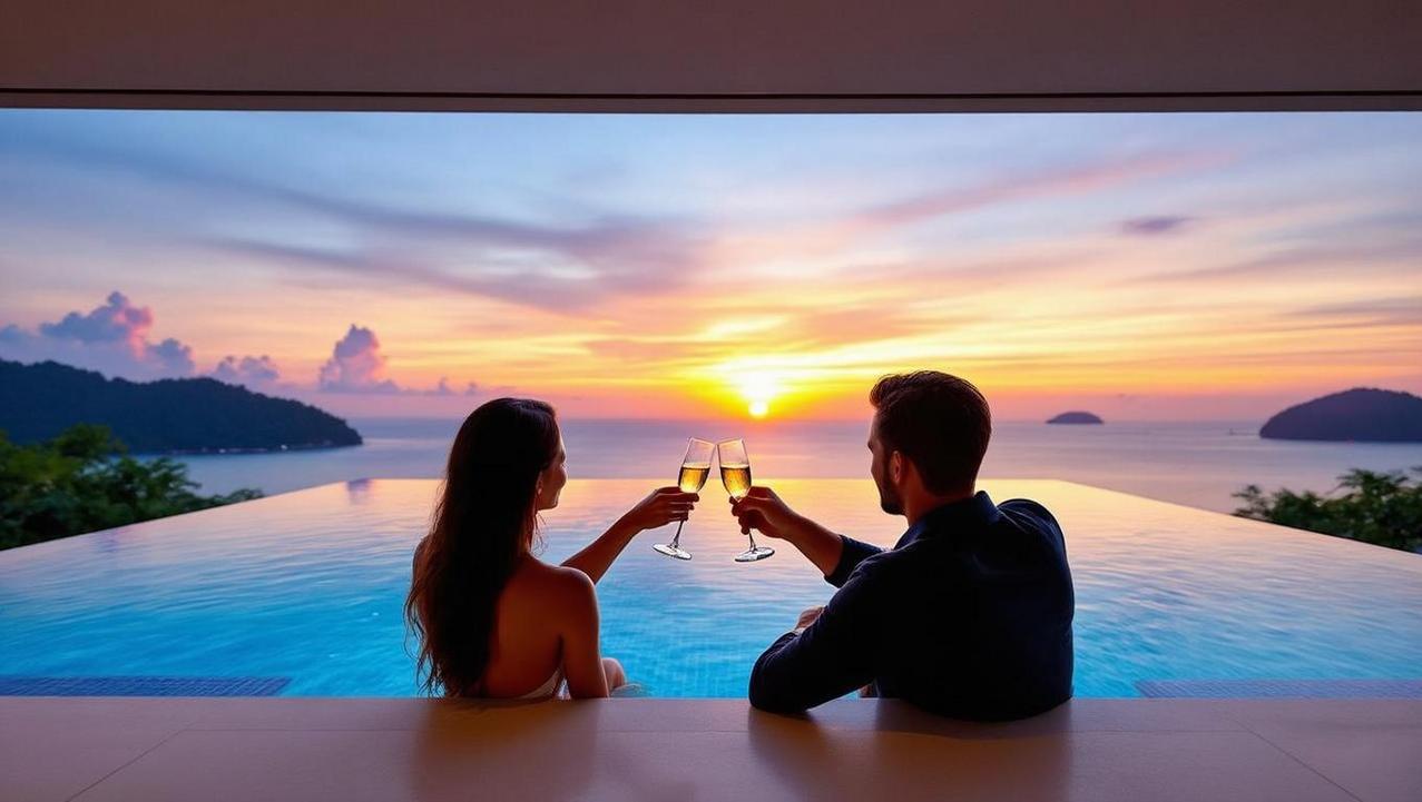 A couple toasting with champagne on the terrace of a luxury Surin pool villa, overlooking the sea at sunset.