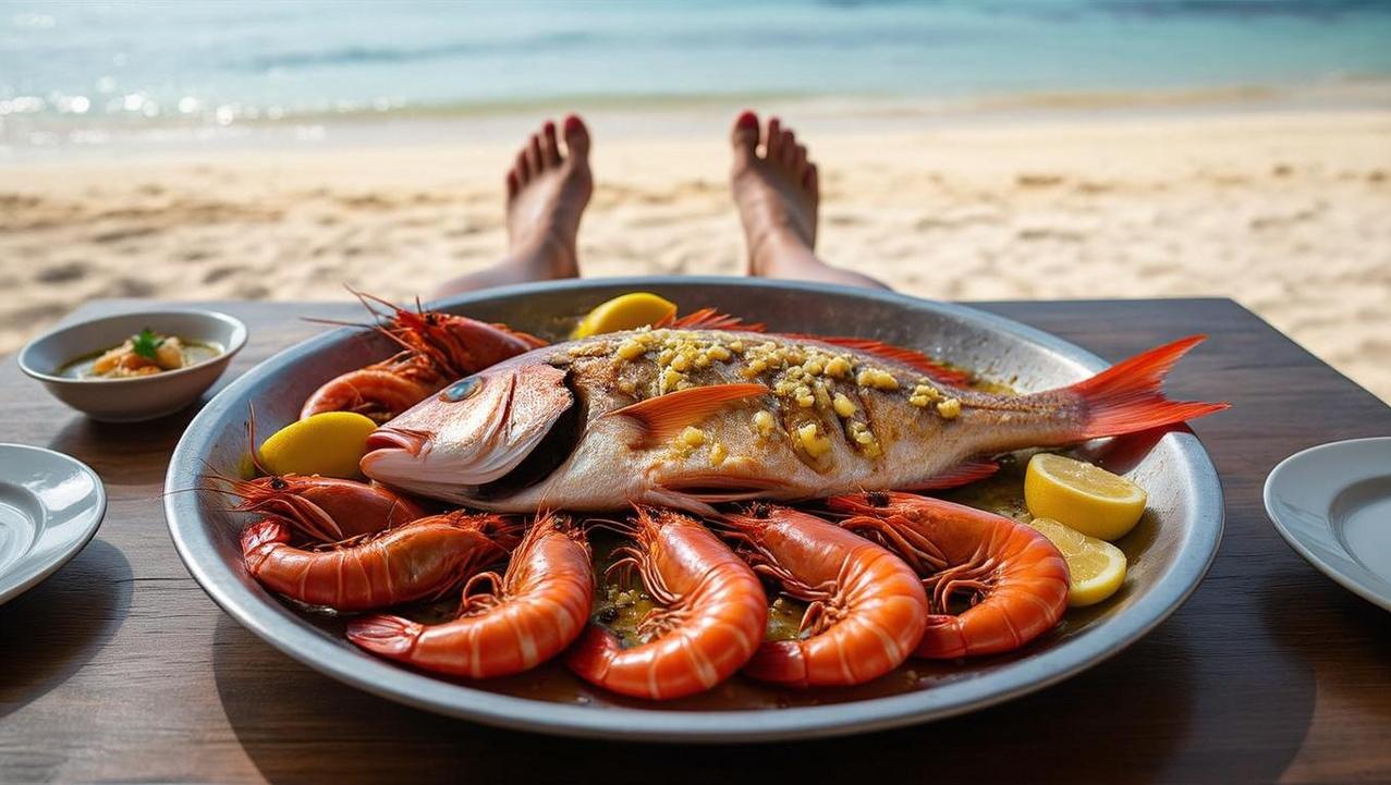 Sunset Seafood Feast on Lamai Beach A platter of fresh, grilled seafood on a table on the sand at Lamai beach during sunset, epitomizing laid-back beachfront dining.