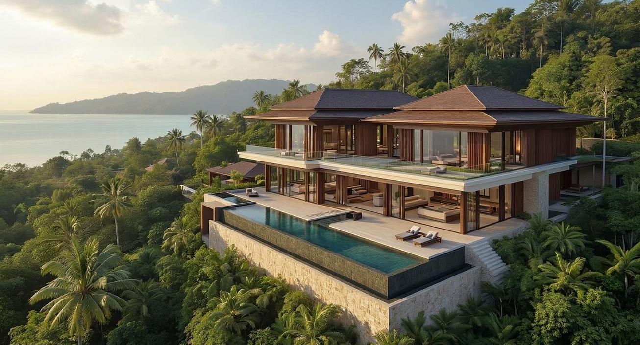 Superior Value for Family Wellness Retreats A stunning luxury villa with an infinity pool nestled in a lush green hillside overlooking the ocean, ideal for superior value family wellness retreats.