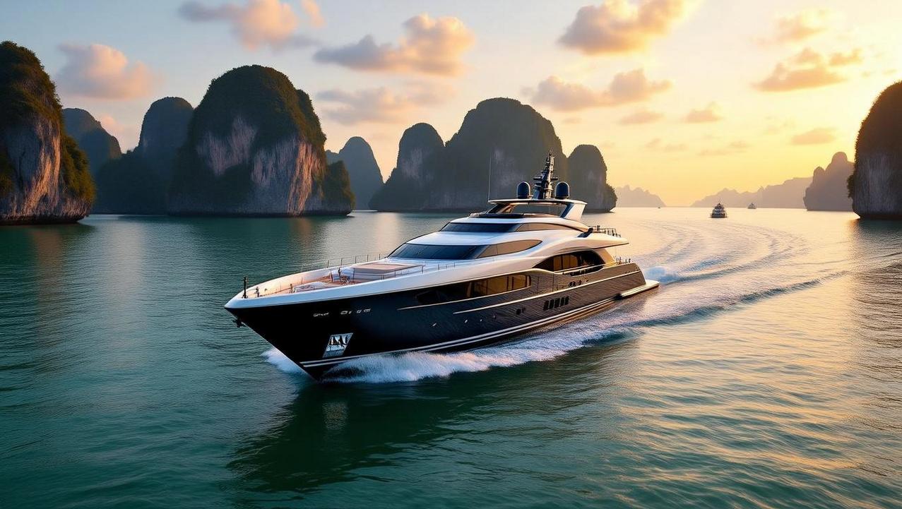 A magnificent superyacht navigating the stunning limestone karsts of Phang Nga Bay, representing Phuket as the premier superyacht hub in the Andaman Sea.
