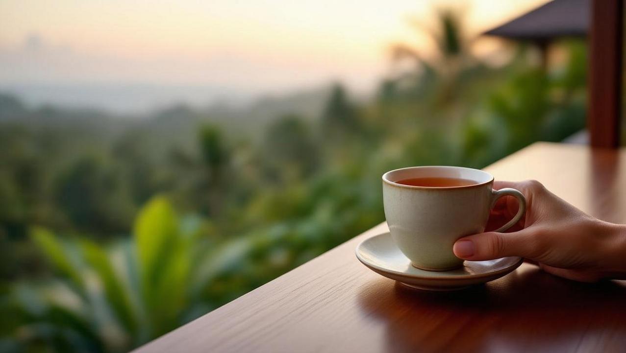 A hand holding herbal tea on a private balcony after a spa treatment, illustrating how a villa setting helps sustain serenity and mindfulness.