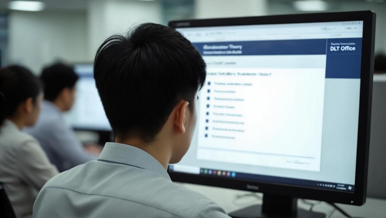 Taking the Mandatory Written Theory Test at the DLT An applicant taking the mandatory written theory test for a Thai driving license conversion on a computer at a modern DLT office in Thailand.