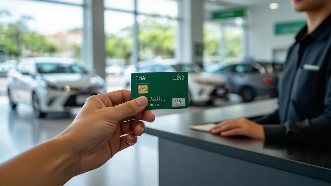 Thai Driving License as Valid Local Identification A person using their Thai driving license as valid photo ID at a car rental counter in Thailand, showcasing its practical benefits for residents.