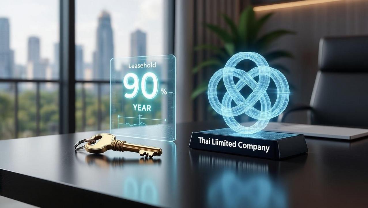 A conceptual image illustrating Thai real estate ownership: a key and timeline for Leasehold, and interlocking gears for a Thai Limited Company (Freehold).