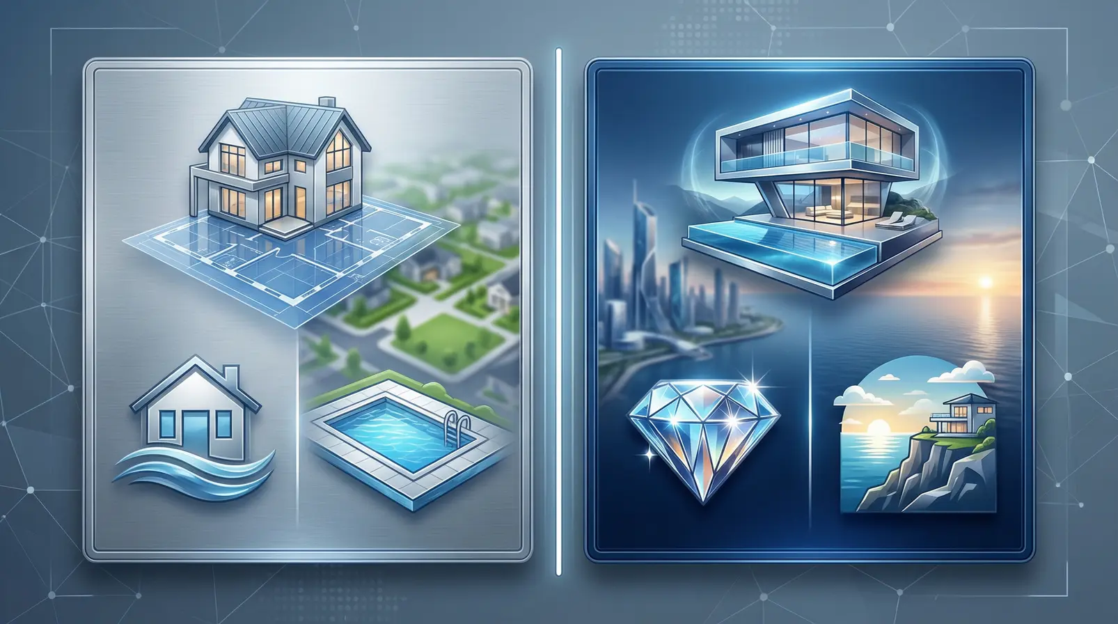 An illustrative comparison highlighting features of best value versus premium Thai villas, showcasing architectural blueprints, standard houses with pools, and luxurious modern homes with stunning ocean views and diamonds representing high value.