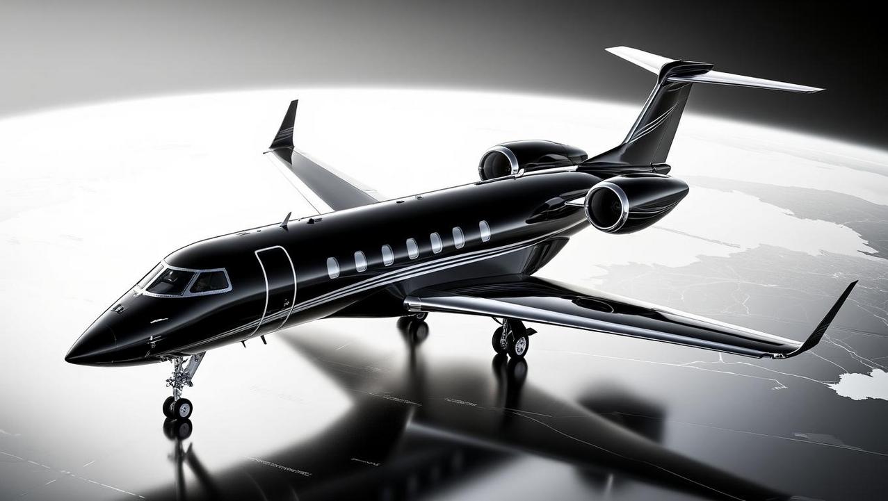 Thailand Private Jet Flight Route and Fees A sleek black private jet, reflecting a map-like surface below, epitomizing the luxury travel experience for those considering a Thailand private jet flight route and fees.