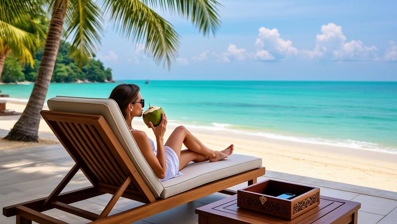 The Art of Authentic Disconnection A woman on a luxurious sun lounger sips from a fresh coconut on a pristine beach, embodying the-art-of-authentic-disconnection with the turquoise ocean stretching before her.